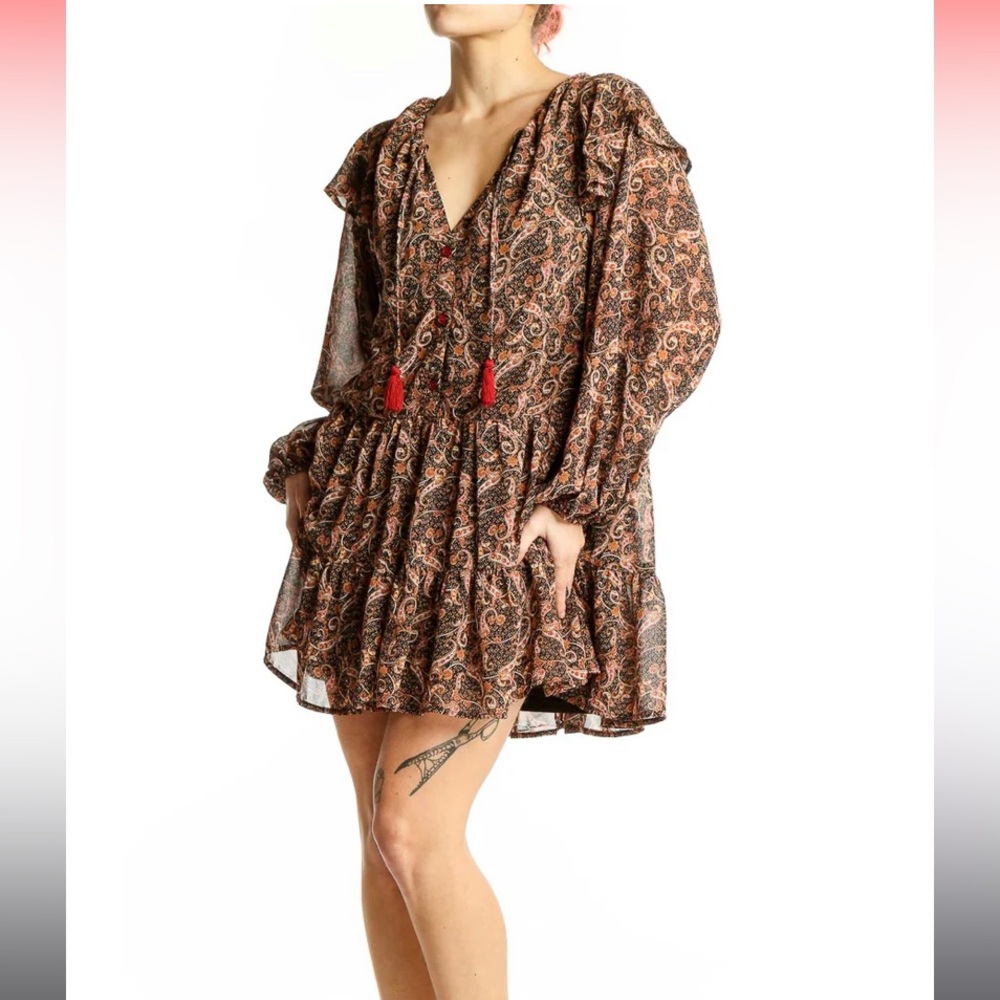 AAKAA Brown Paisley Boho Mini Dress Long Sleeve Size S